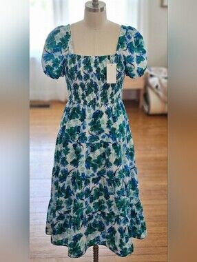 Smocked Square-Neck Midi Dress in Blue & Green Floral